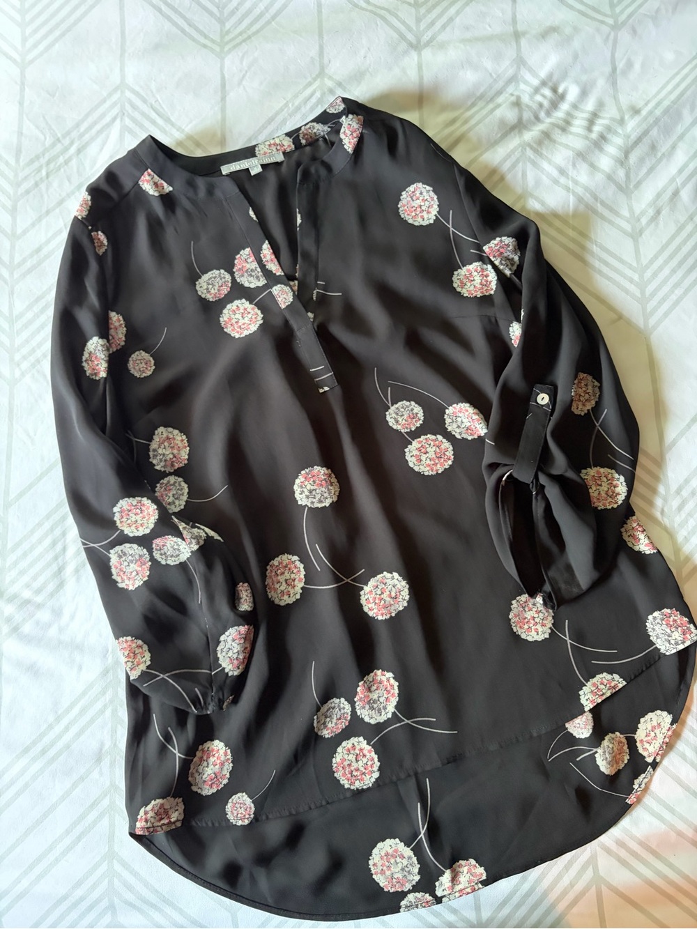 Daniel Rainn Black Floral Split-Neck Blouse with Pink Blooms